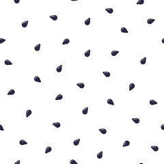 Black sesame seeds seamless pattern. Watermelon seeds. Scattered sesame seeds. Vector illustration on white background.
