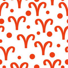Seamless pattern of bright orange silhouettes of the zodiac sign Aries and circles of different sizes on a white background