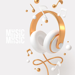 Realistic 3d render headphones with golden elements and musical notes. Vector illustration. © sergo77