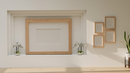 Minimal room and picture frame design for product display with plants, wooden floor and white wallpaper