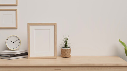 Minimal home interior with copy space for product display and frames mock-up on wooden table