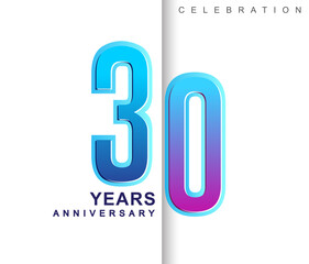 30th Years Anniversary with colorful design. Applicable for brochure, flyer, Posters, web and Banner Designs, anniversary celebration