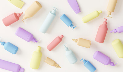 Shell plastic in cosmetic and plastic bottles on pastel color background. Creative concept composition of sorting and processing waste and Earth, environmental pollution. Garbage recycling. 3d render