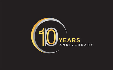 10th years anniversary golden and silver color with circle ring isolated on black background for anniversary celebration event