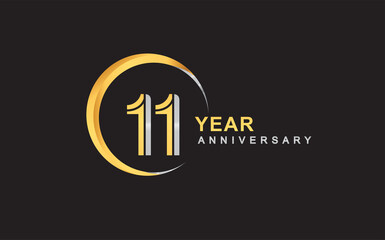 11th years anniversary golden and silver color with circle ring isolated on black background for anniversary celebration event
