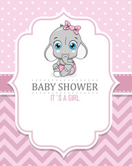 Baby shower card. Cute elephant girl. Space for text