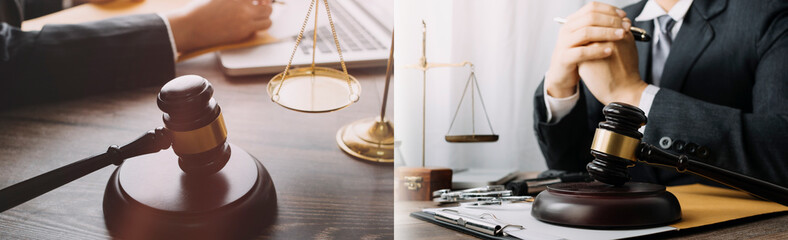 Business and lawyers discussing contract papers with brass scale on desk in office. Law, legal...