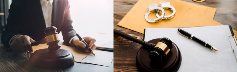 Business and lawyers discussing contract papers with brass scale on desk in office. Law, legal services, advice, justice and law concept picture with film grain effect