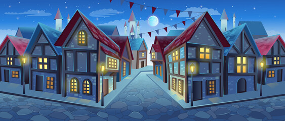  Old city street with chalet style houses. Vector illustration in cartoon style. Medieval town street with old  buildings at night.