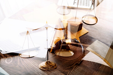 Fototapeta na wymiar Business and lawyers discussing contract papers with brass scale on desk in office. Law, legal services, advice, justice and law concept picture with film grain effect