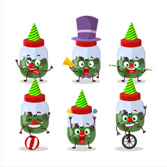 Cartoon character of eyeball in jar with various circus shows