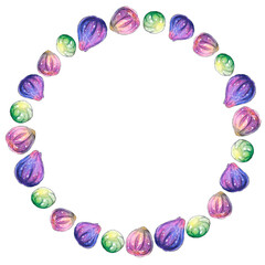 Round frame, border of watercolor figs. Hand drawn bright decoration, images of berry, fruit in sketch style. For food design, packaging