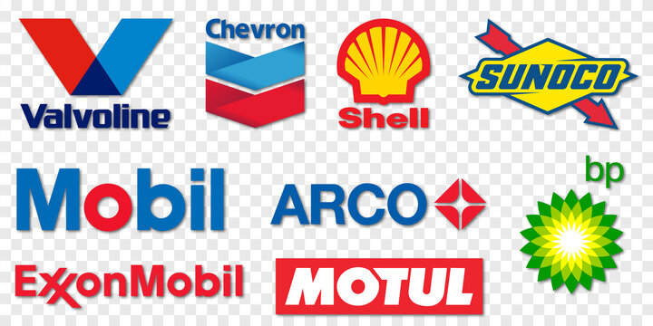 Vinnytsia, Ukraine - July 14, 2021. Top fuel and energy industry logos. Valvoline, Chevron, Shell, Sunoco, Mobil, Arco, British Petroleum, ExxonMobil, Motul Editorial vector isolated on transparent ba