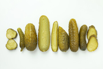 Fresh pickles on white background, top view