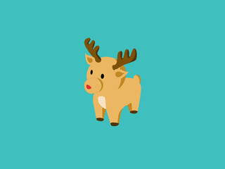 A reindeer in the form of the acute cartoon is placed in the center of the picture on a light blue background, icon, minimalist concept.