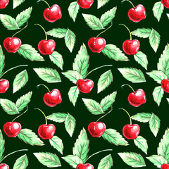 Seamless pattern of watercolor single Cherries on green background. Hand drawn bright texture, images of berry in sketch style