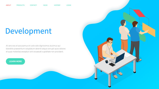 Programmer working on web development on computer. Busy man at workplace is looking at laptop screen. Overworked male character sitting at desk. Website for development landing page template
