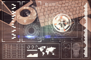 Double exposure of technology theme drawing over work table desktop. Top view. Global data analysis concept.