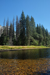 Merced River passing through the Yosemite Valley in Yosemite National Park, California, United...