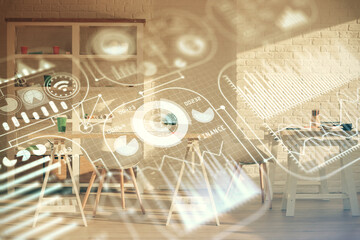 Double exposure of tech theme drawings and office interior background. Technology concept.