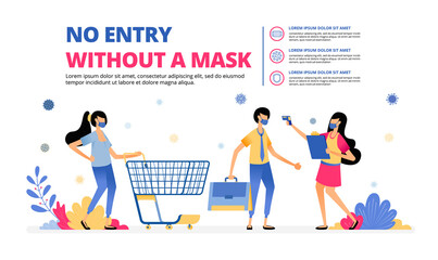 Vector illustration of mandatory warning sign to wear a mask at shopping and working in office. Information of NO ENTRY WITHOUT A MASK. Design can be for landing page, website, poster, mobile apps