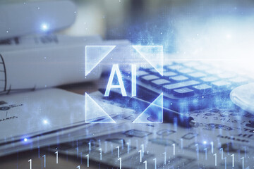 Multi exposure of data theme drawings and desk with open notebook background. Concept of education