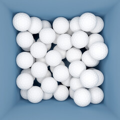 3d illustration of a box with a lot of white golf balls, top view.