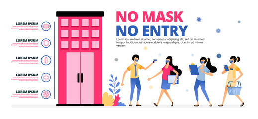 Vector illustration of warning for people to follow the health protocol when entering the building. Signs information of NO MASK NO ENTRY. Design can be for landing page, website, poster, mobile apps