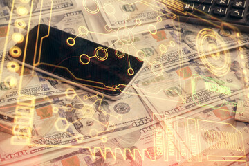 Double exposure of data theme drawing over us dollars bill background. Technology concept.