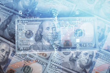 Double exposure of DNA drawing over usa dollars bill background. Concept of medical education.