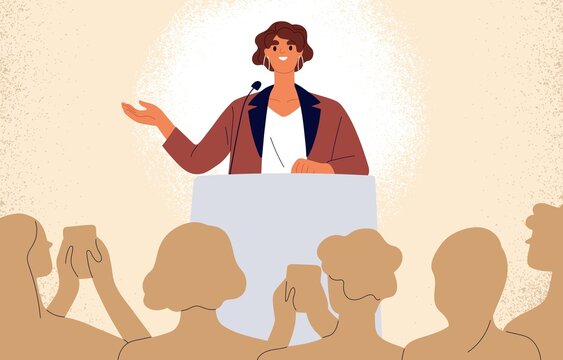 Confident speaker behind podium during stage speech. Smiling woman talking before audience. Female leader at public speaking. Good presentation of businesswoman. Flat vector illustration
