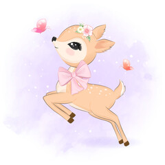 Cute deer and butterfly cartoon animal illustration