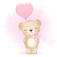 Naklejka premium Cute Little Bear with balloon cartoon animal watercolor illustration