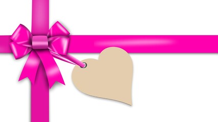 Gift bow and ribbon in pink - attached label in heart shape with free space for your text - isolated on white background - 3D illustration