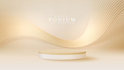 Realistic white product podium showcase with line golden wave on back. Luxury 3d style background concept. Vector illustration for promoting sales and marketing.