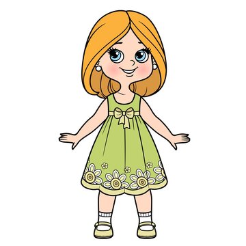 Cute cartoon girl dressed in underwear and barefoot with bob hairstyle color variation for coloring page isolated on white background