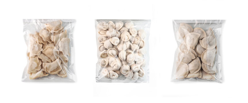 set of various frozen uncooked dumplings in recycled clean plastic package on white background isolated. Selective focus. Assortment for online delivery shop