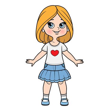 Cute cartoon girl dressed in skirt and t-shirt with bob hairstyle color variation for coloring page isolated on white background