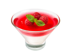 Raspberries  milk jelly in a ice cream bowl with mint leaves, isolated on a white background. Close-up.
