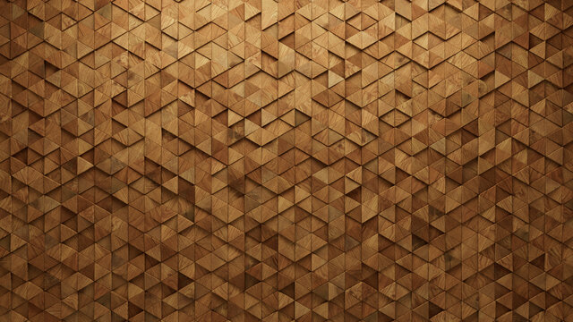 Triangular, Wood Mosaic Tiles arranged in the shape of a wall. Timber, Soft sheen, Blocks stacked to create a 3D block background. 3D Render
