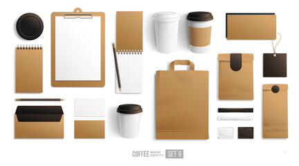 Branding package Mockup set for Coffee shop, Cafe, restaurant isolated on white. Corporate identity blank mockup. Coffee food package. Realistic Empty MockUp set of bag, paper package, cup, menu