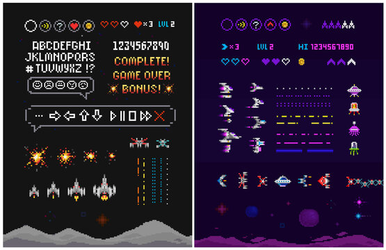 Pixel Art 8 bit space arcade game level creator set with font alphabet. Ufo aliens, space ships, rockets. Vintage 8 bit computer game. Pixelated Space arcade template vector illustration