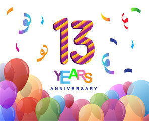 13th years anniversary celebration with colorful balloons and confetti, colorful design for greeting card birthday celebration