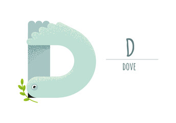Fototapeta premium cute pigeon holding a green twig with leaves in its beak. dove in the form of a letter - D..children's alphabet. poster, postcard.