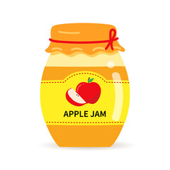 Glass jar with homemade apple jam. Label with apples on a jar of confiture.