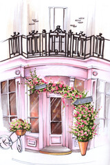 Fototapeta na wymiar hand drawing sketch city streets exterior cafe veranda european architecture blooming decor