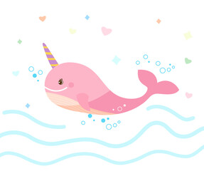 Cute happy pink narwhal. Vector children illustration of a pink whale with a horn floating on the sea. © kornetka