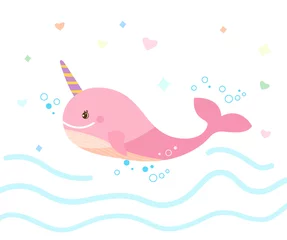 Zelfklevend Fotobehang Cute happy pink narwhal. Vector children illustration of a pink whale with a horn floating on the sea. © kornetka