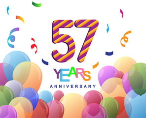 57th years anniversary celebration with colorful balloons and confetti, colorful design for greeting card birthday celebration