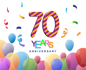 70th years anniversary celebration with colorful balloons and confetti, colorful design for greeting card birthday celebration